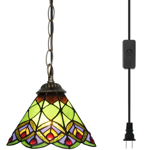 Blivuself Lámpara Colgante Tiffany de Cola de Pavo Real Verde de 8 Pulgadas Lámpara Colgante Tiffany de Colgar de Vidrieras Altura Ajustable Luces Colgantes