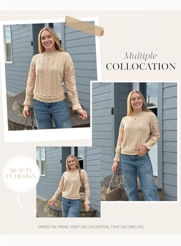 Image of Dokotoo Womens Crewneck Crochet Lace Long Sleeve Hollow Out Cable Knit Sweaters Pullover Tops