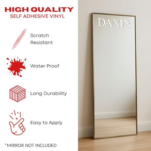 Image of Sticker for Glass & Mirrors| Minimal Vinyl Decal for Bedroom Bathroom & Cafe | Self-Adhesive Waterproof Quote Mirror Sticker | Aesthetic Decals (Damn., Small, Matt White)