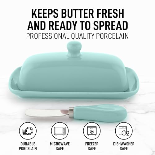 Image of Zulay Butter Dish With Lid For Countertop - Porcelain Mint, Ceramic Butter Dish with Knob Handle Great for Cooking - Elegant Design Butter Holder - Durable & Sturdy Butter Keeper - Mint