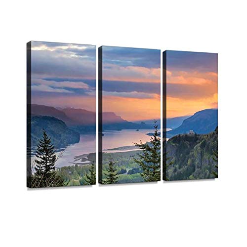 Sunrise Over Crown Point at Columbia River Gorge Forest dawns and Print On Canvas Wall Artwork Modern Photography Home Decor Unique Pattern Stretched and Framed 3 Piece