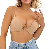 Sexy Code 1701 Womens Low Plunge Push Up Bra with Clear Straps Low Cut Convertible Underwire Padded Cleavage Bra