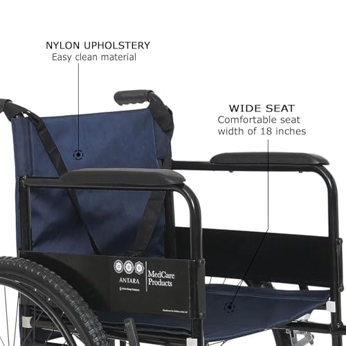 Image of Antara AGEasy (Max Group) Foldable Wheelchair for Old people, Adults & Patients | Sturdy Frame, Lightweight, Wide Seat, Spoke Wheels, Adjustable Footrest and Seatbelt for Safety (WheelAssist - Blue)