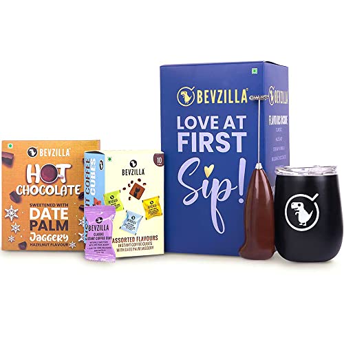 Image of Bevzilla 10 Assorted Coffee Cubes, Hot Chocolate (Original), Coffee Tumbler & Electric Frother | Perfect For Gifting | Gift Box| Premium Tumbler| Date Palm Jaggery