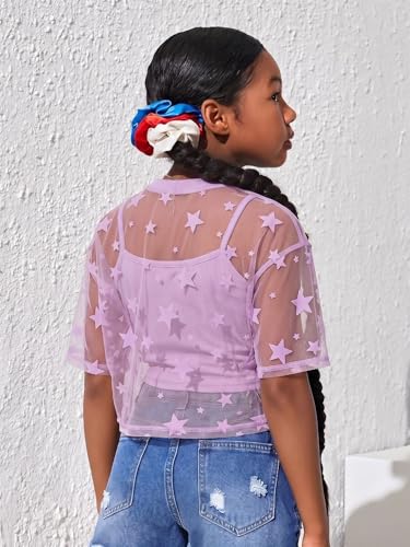 Image of BEAUDRM Girl's 2 Piece Set Star Graphic Sheer Mesh Shirt Crew Neck Short Sleeve Crop Top with Camisole