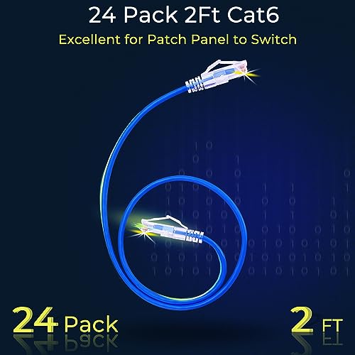 Image of Rapink Patch Cables Cat6 / Cat6a 2ft (24 Pack) Slim, Cat6a Ethernet Patch Cable 10G Support, Snagless Cat 6 Patch Cable for Patch Panel to Switch, Flexiable Cat6 Ethernet Cable Blue
