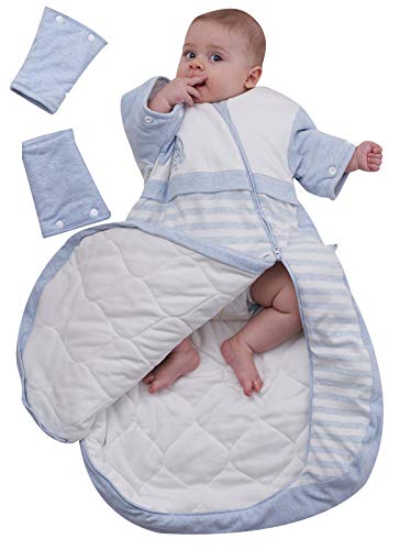 OuYun Baby Organic Sleeping Bag Detachable Sleeve Wearable Blanket,Blue,270g Filling,3.5 Tog for 59℉ Below