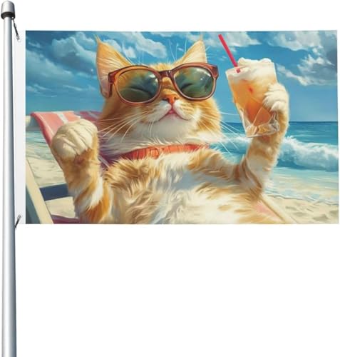 BOXIMIAO Funny Cat Beverage Beach Flag 3x5 Ft Outdoor Polyester Garden Flag Double Sided Banner For Yard Lawn Porch Balcony Home Decorations.