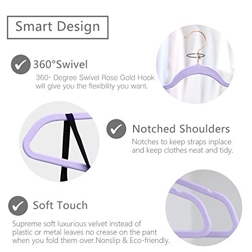 Image of Premium Velvet Hangers (Pack of 50) Heavyduty - Non Slip - Velvet Suit Hangers Light Purple - Copper /Rose Gold Hooks,Space Saving Clothes Hangers (Light Purple)
