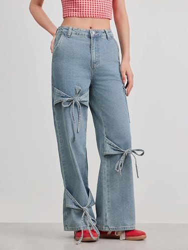 CIDER Baggy Jeans for Women Low Waisted Wide Straight Leg Bow Jeans Denim Pants2