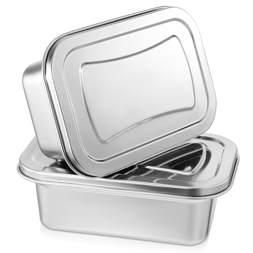 CAXUSD 2 Recipientes de Acero Inoxidable para Almacenar Alimentos con Tapa Hermética, Caja Porta Helados para Cocina y Picnic, Diseño Portátil y Duradero