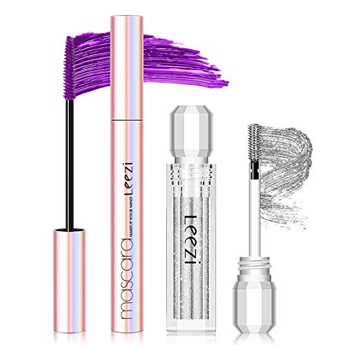 4D Silk Fiber Lash Mascara, Purple Color & Glitter Macara - Voluminous Extension for Longer Sparkling Diamond Shining Eyelashes, Natural Non-Toxic Hypoallergenic Eye Makeup Set (#3 Purple)
