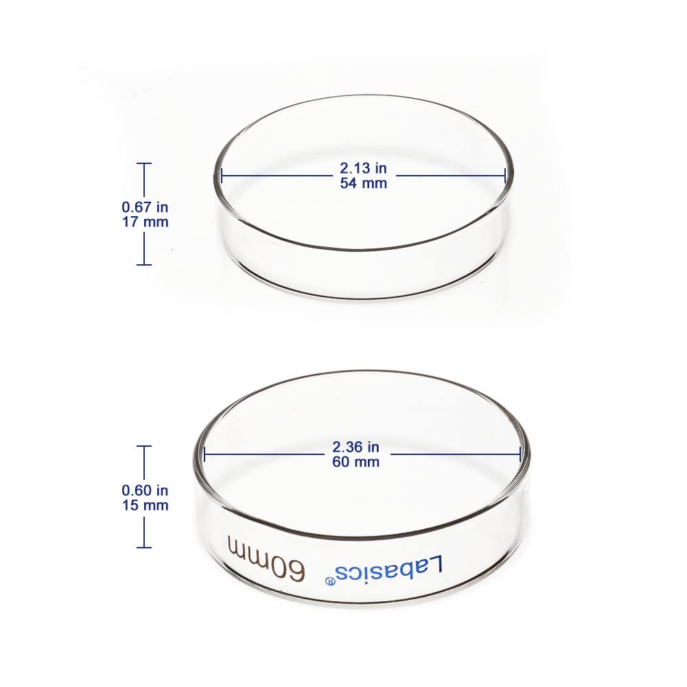 Labasics Piastre di Petri in Vetro 10pk, 60x15 mm Piastre Petri per Colture Cellulari in Vetro Borosilicato Autoclavabili con Coperchio Trasparente per Laboratorio