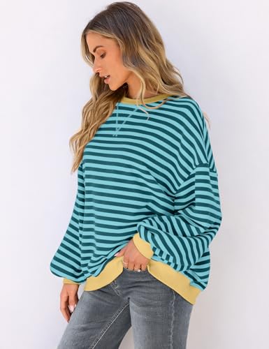 Image of UEU Women Oversized Striped Crewneck Sweatshirt Long Sleeve Color Block Pullover Tops Casual Loose Workout Shirt