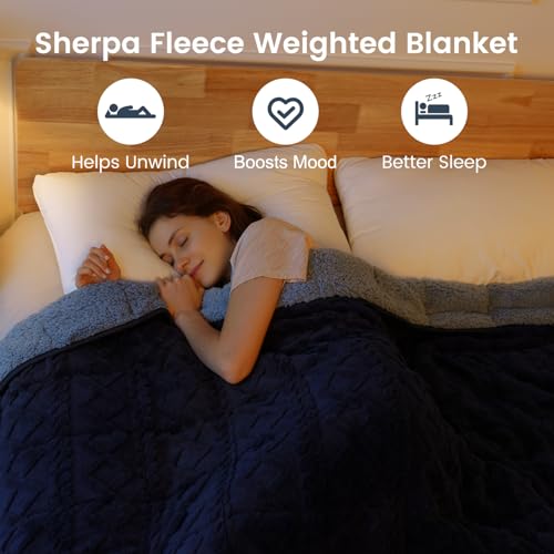 Image of Sherpa Fleece Adult Weighted Blanket Great for Sleep, 15 lbs Dual Sided Soft Fuzzy Heavy Blankets for Couch Bed Sofa, Cozy Warm Fluffy Jacquard Throw for Winter (Navy Blue, 60 inch x 80 inch, 15 Pounds)