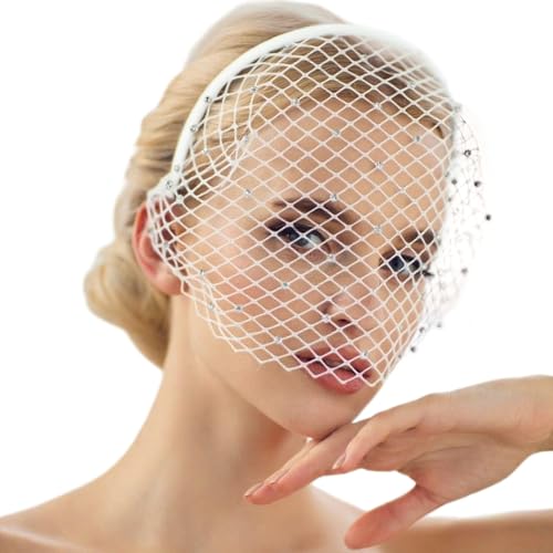 AEDOVE White Mesh Veil Fascinator Headband 1920s Headpiece for Women, White Funeral Veil with Rhinestones, for Tea Party, Church, Cocktail Party, Birthdays for Girls Women Costume Accessories