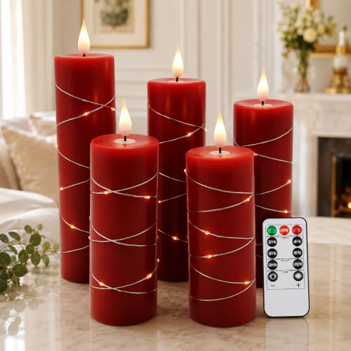 Image of Kiexung Red Flameless Candle Fairy String Light, Water Drop Flame, Advanced LED Flame Simulation with Remote and Timed Candles, 5-Cell Battery Powered,Christmas Candle