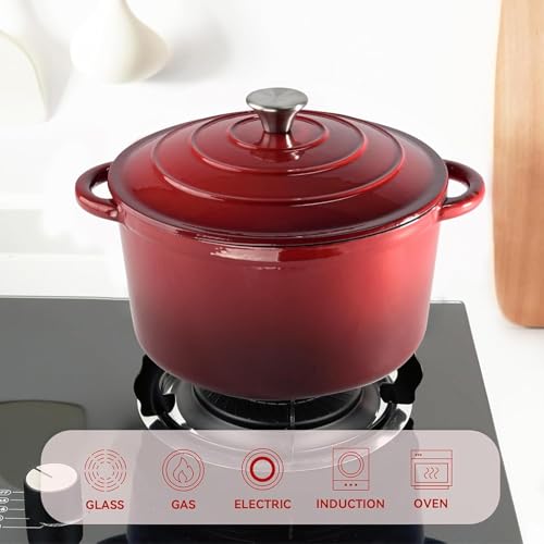 Image of Enamel Coated Induction Base Hard Anodised Non Stick Cast Iron Dutch Oven with Lid & Handles | Cook & Serve Dutch Oven Cast Iron Handi for Cooking | Ombre - Red