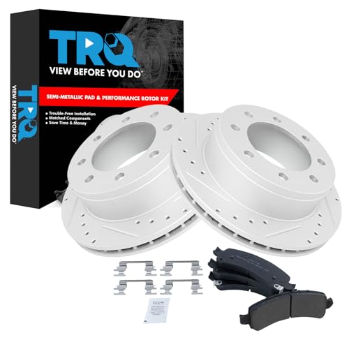 Image of TRQ Performance Rear Brake Pad and Rotor Set Semi Metallic G Coated Rotors Compatible with 2006-2016 Chevrolet Express 2500 2003-2016 Express 3500 GMC Savana 2500 Savana 3500