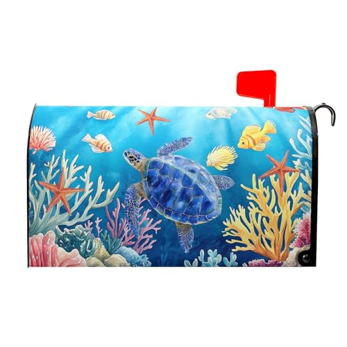 Image of Sea Turtle Mailbox Cover Magnetic 25.5x21 Inch- Summer Ocean Blue Tortoise Starfish Coral Mailbox Wrap Post Cover Large Size for Garden Yard Outdoor Outside Seasonal Decor