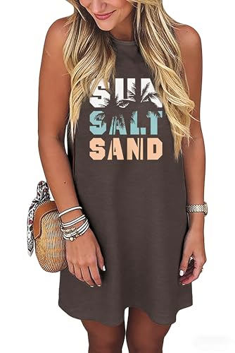 Image of Sun Salt Sand Coconut Tree Tank Mini Dress for Women Sleeveless Beach Praty Shirts Summer Vacation Short Mini Dresses