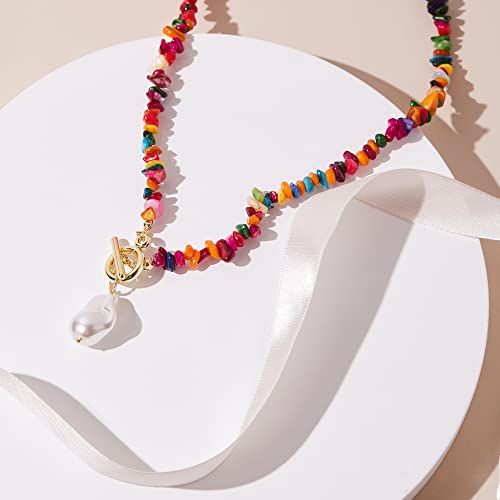 Idokawa Boho Statement Necklace For Women, Vintage Multicolor Charm Choker With Natural Gemstones And Baroque Pearl Pendant, Summer Bohemian Jewelry #TOP5