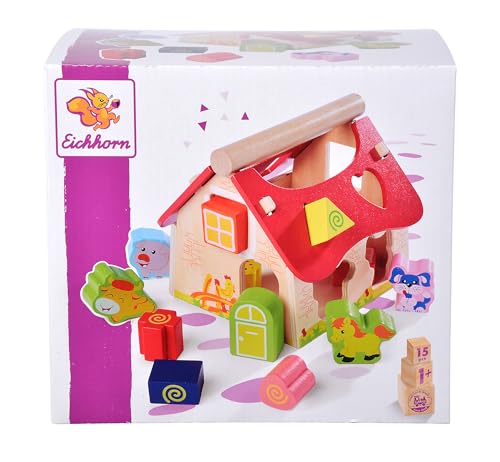 Eichhorn 100002098 Holz Steckhaus, 15-teiliges Haus aus Kiefernholz, mit 12 Steck-Bausteinen, Motorikspielzeug für Kinder ab 1 Jahr, Größe: 18 x 17,5 x 18 cm