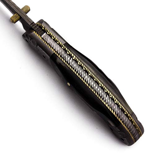 Wolfklinge Handmade Damascus Steel Pocket Knife For Hunting, Survival, Camping, Skinning, Bushcraft, Foldable Blade Full Tang Sheep Horn Bone Handle, With Cowhide Leather Sheath - Dcf18-97 #TOP5