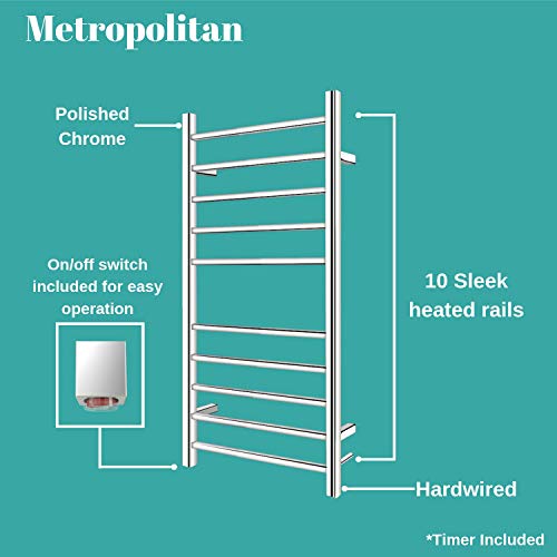 WarmlyYours 10-Bar Metropolitan Towel Warmer, Hardwired, Polished Stainless Steel