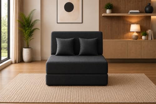 Image of Sofa Cum Bed with Jute Fabric, Convertible One Seater Sofa Bed 3x6 Ft, Comfortable Cushioned Seating, Space Saving Design for Living Room, Bedroom & Guest Room - Black Color