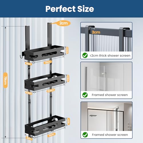 YEAUPE PRO Duschregal zum Hängen 3 Etagen – Duschregal Ohne Bohren für Glasduschwand, mit 2 Saugnäpfen, 6 Haken – Robuster Metall Badezimmer Organizer 78 cm, bis 18 kg Belastbar (Schwarz)