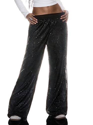 MakeMeChic Womens Y2K Party Glitter Sequin Pants Low Waisted Sparkly Straight Leg Trousers Black Small