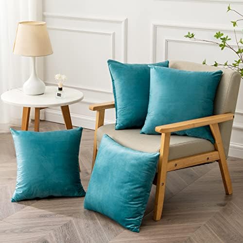 Yonous Cushion Covers, Soft Premium Velvet Decorative Throw Pillow for Sofa Bed Couch Chair, Set of 4, Teal, 18 x 18 inch / 45 x 45 cm