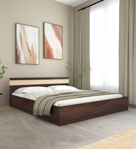 Image of Mintwud Pepperfry Engineered Wood Joben King Size Bed with Box Storage | Wooden Double Bed Cot Palang Furniture for Bedroom, Living Room, Home and Hotel (Walnut Melamine Finish)