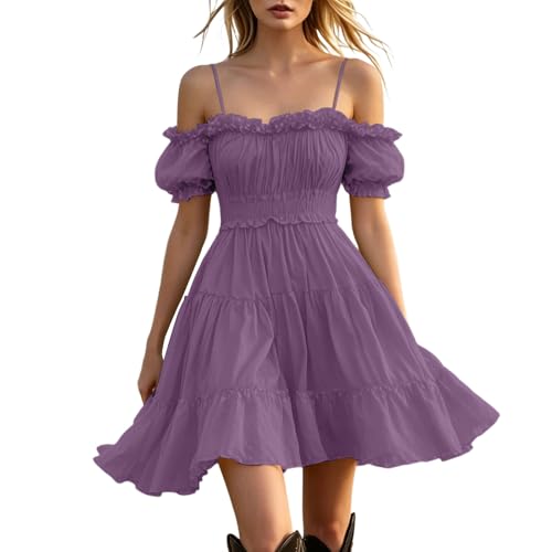 Image of Off the Shoulder Dress for Women UK Milkmaid Sundress Cold Shoulder Ruffle Midi Dresses Summer Puff Sleeve Dress Ladies Casual Swing Beach Cover Up Holiday Work Party Dresses