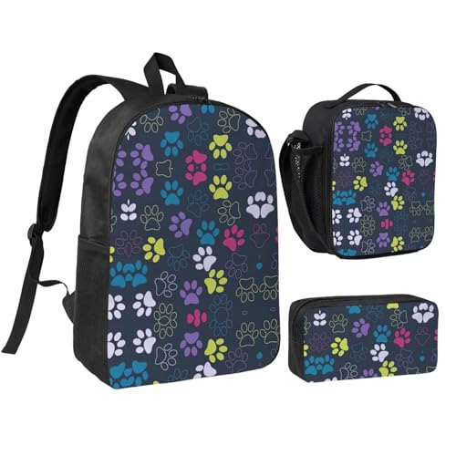Cute dog paw print Shoulder Bookbags Lunch Bag and Pen Case 17 inches Backpack with Lunch Box, Cute Bookbag Set