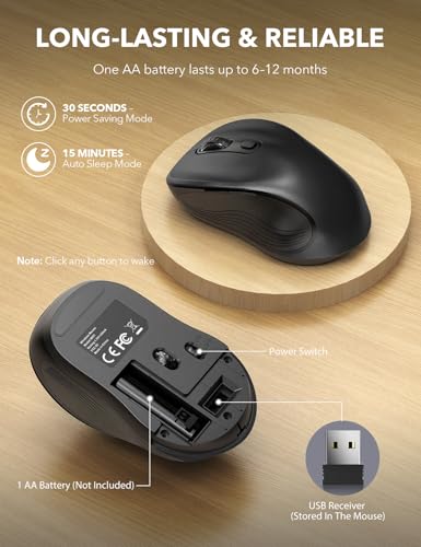 Image of Trueque Wireless Mouse for Laptop, Ergonomic 6-Button Mouse, Black | 2.4GHz USB receiver, back /forward buttons, 3 adjustable DPI levels, silent clicks, USB-C adapter, Windows /Mac /Chrome OS /Linux