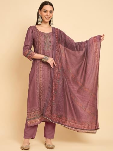 Image of SheWill Kurta Sets for Women - Red Rayon Aari Hand Work with Digital Floral Print Kurta with Pant and Chanderi Dupatta |Stylish Printed Summer Kurti Set