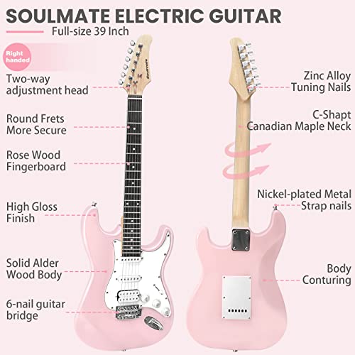 soulmate 39 inch full size electric guitar starter kit for beginners solid body hss pickups with 15w amp gig bag capo strap strings cable picks right-handedpink