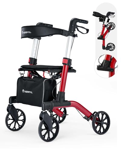 Rollator Walker for Seniors, Lightweight doule Foldable All Terrain Rolling Walker with seat, All-Terrain Rollator Walker with 8 inch Rubber Wheels, Handles and Backrest for Seniors and Adult