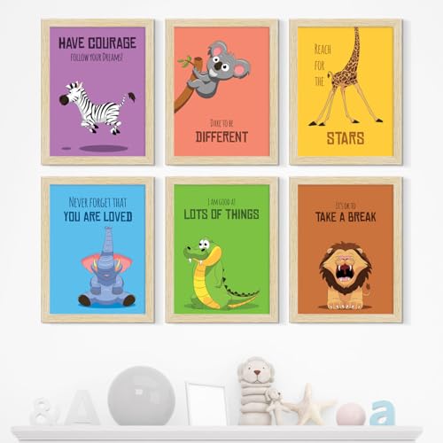 Image of ArtX Paper Cartoon Animals Motivational Quotes Wall Paintings For Kids Room, Funny Animals Kids Room Wall Frame, Decoration, A4 Size, Multicolor, Synthetic Wood, Set Of 6