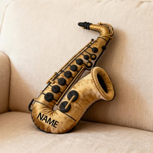 SweetJECCU Almofada personalizada com tema de saxofone, almofada em forma de saxofone com nome personalizado, almofadas decorativas de pelúcia musical, presentes de aniversário de Natal para os