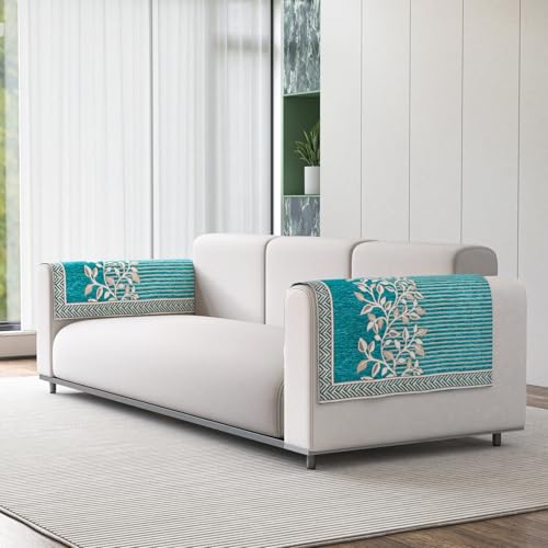 Image of Nendle Premium Chenille Floral Sofa Mat Arms Cover Only - Soft & Durable Protector for L Shape /Standard Sofa Set (58 cm, Aqua, 1 Piece)