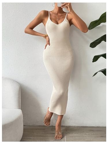 Image of GORGLITTER Women's Ribbed Knit Sweater Dress Backless V Neck Sleeveless Bodycon Midi Dresses