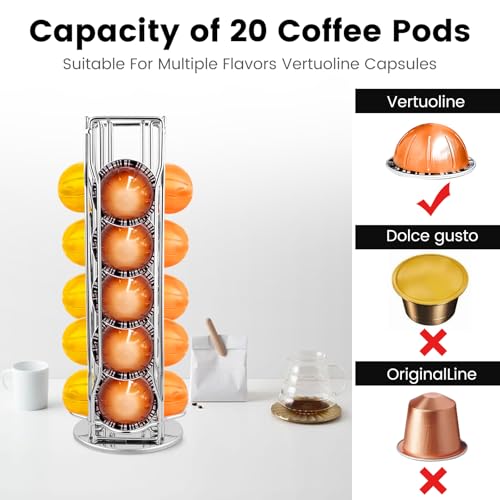 Image of Coffee Pod Stand Holder for Nespresso Vertuoline 20 Pods, Coffee Bar Vertuo Pod Organizer Rack, 360 Rotating Coffee Capsule Holds Storage, 20 Pods Holder Spinner for Nespresso Vertuo Line (Silver)
