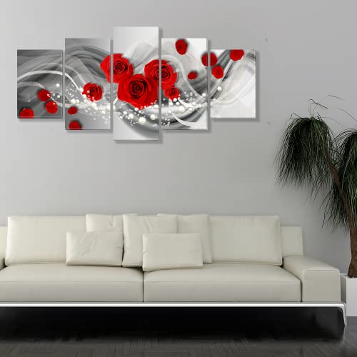 Red Rose Canvas Pictures Wall Décor For Living Room Bedroom Black And White Painting Artwork 5 Pieces Abstract Vintage Rose Pearls Art Prints Framed (D, 60"Wx 30"H) #TOP2