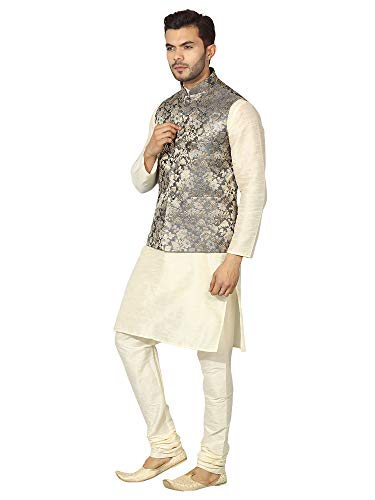 Image of Uri and MacKenzie Men's Silk Blend Regular Kurta Churidar Pyjama with Bundi Nehru Jacket /Waistcoat