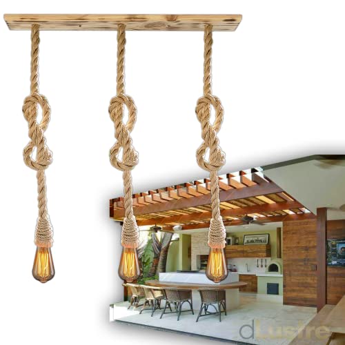 Luminária De Teto Corda Sisal Pendente Ripa Trio Retro Vintage Madeira Rustica
