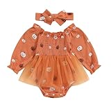 Afunbaby Baby Girl Halloween Outfit Newborn Pumpkin Romper Dress Puff Sleeve Ruffle Bodysuit Jumpsuit Fall Clothes (Pumpkin orange, 3-6 Months)