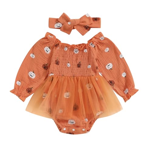 Baby Girl Halloween Outfit Newborn Pumpkin Romper Dress Puff Sleeve Ruffle Bodysuit Jumpsuit Fall Clothes